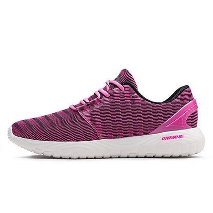Mens lightweight running sneakers pink knit upper, white outsole, ONEMIX logo on Tampa Home & Garden Store