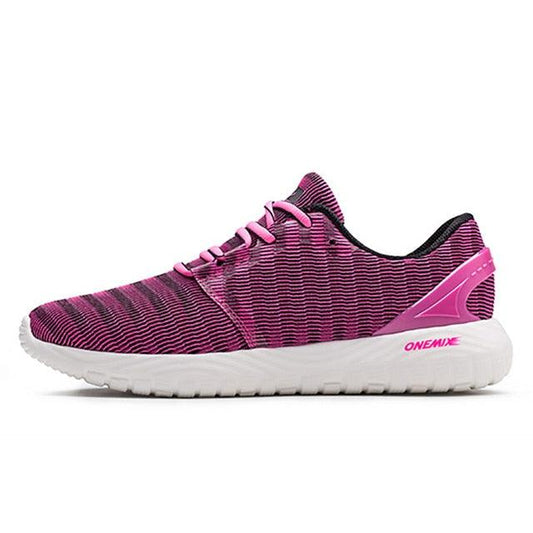 Mens lightweight running sneakers pink knit upper, white outsole, ONEMIX logo on Tampa Home & Garden Store