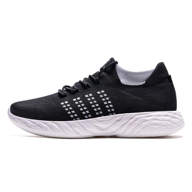 Mens lightweight running sneaker Stevvex black knit upper, white cushioned sole on Tampa Home & Garden Store