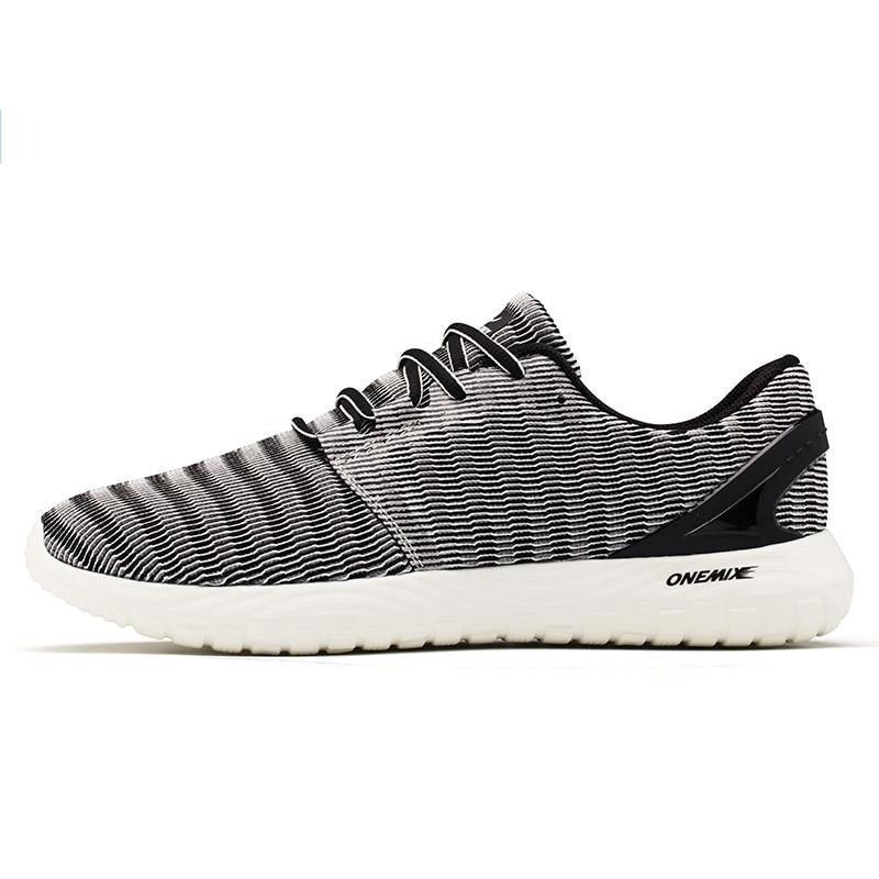 Men's knit running sneakers with black-white striped upper and white sole Onemix on Tampa Home & Garden Store