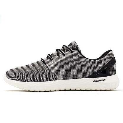 Men's knit running sneakers with black-white striped upper and white sole Onemix on Tampa Home & Garden Store