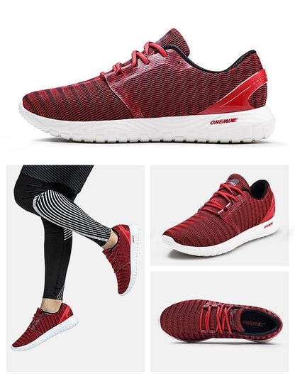 Red Stevvex lightweight running sneakers with knit upper and white sole ONEMIX logo on sole on Tampa Home & Garden Store