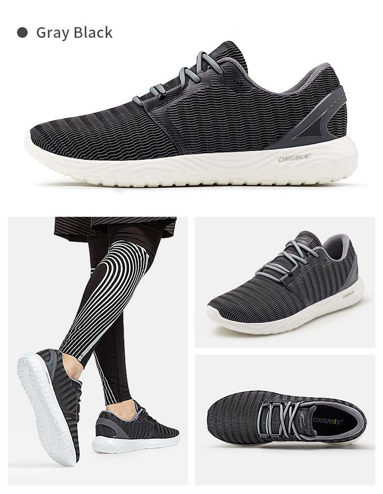 Mens gray black knit running sneakers with white sole; lightweight breathable athletic shoes on Tampa Home & Garden Store