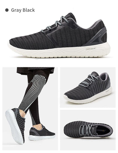 Mens gray black knit running sneakers with white sole; lightweight breathable athletic shoes on Tampa Home & Garden Store