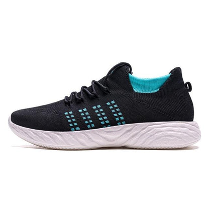 Mens lightweight running sneaker, black knit upper, turquoise lining, white sole Tampa on Tampa Home & Garden Store