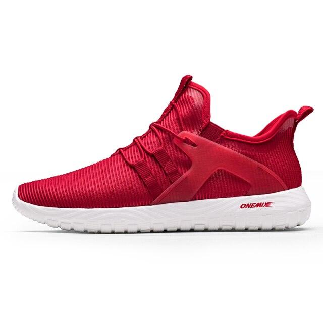 Mens Stevvex lightweight running sneakers, red breathable knit upper with white outsole on Tampa Home & Garden Store
