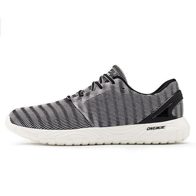 Mens Stevvex lightweight running sneakers, grey striped mesh upper, white cushioned sole on Tampa Home & Garden Store