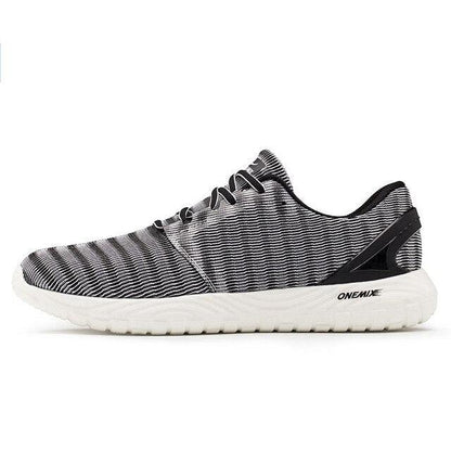 Mens Stevvex lightweight running sneakers, grey striped mesh upper, white cushioned sole on Tampa Home & Garden Store