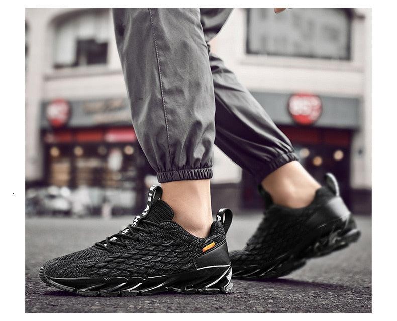 Mens Sneakers Stevvex breathable running shoes black knit upper, unique sculpted sole pair on Tampa Home & Garden Store