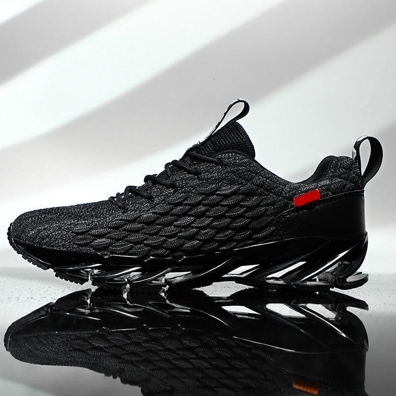 Stevvex mens breathable black athletic sneakers with knit upper and sculpted outsole on Tampa Home & Garden Store