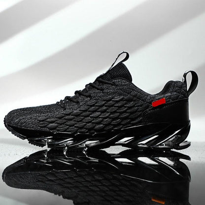 Stevvex mens breathable black athletic sneakers with knit upper and sculpted outsole on Tampa Home & Garden Store