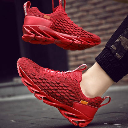 Mens red Stevvex breathable running sneakers, knit upper, lightweight sole, two sneakers on Tampa Home & Garden Store