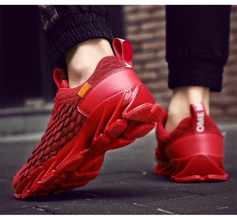 Stevvex Mens Modern Sneakers red breathable knit upper with chunky sole on Tampa Home & Garden Store