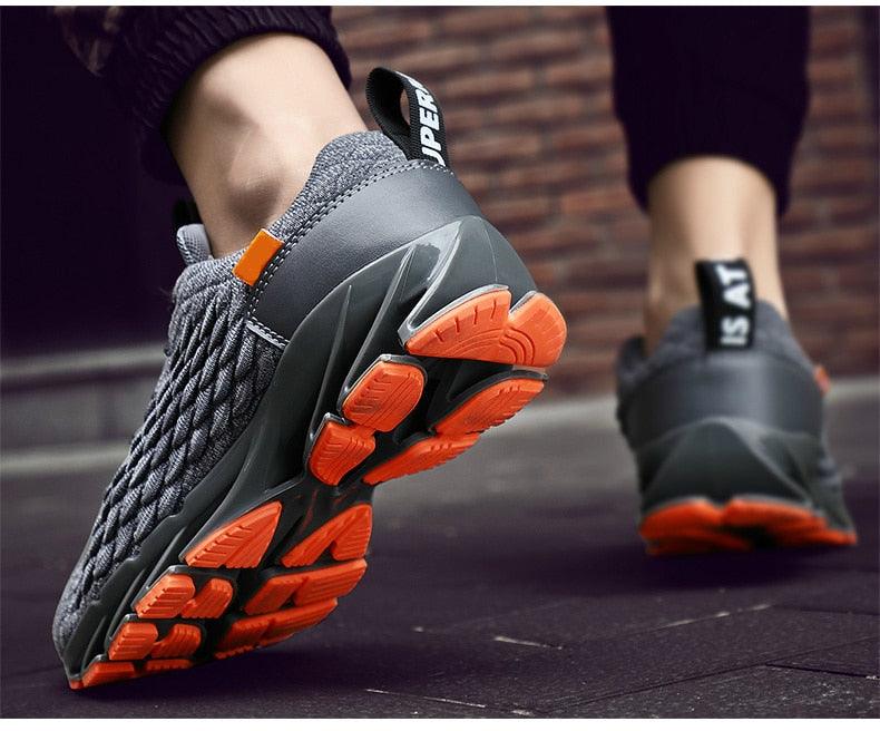 Stevvex Mens Modern Sneakers breathable running shoes gray knit upper orange outsole pair on Tampa Home & Garden Store