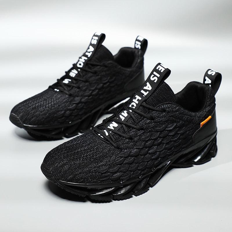 Mens Stevvex black knit athletic sneakers, breathable upper, lace-up, chunky sole, 2 sneakers on Tampa Home & Garden Store