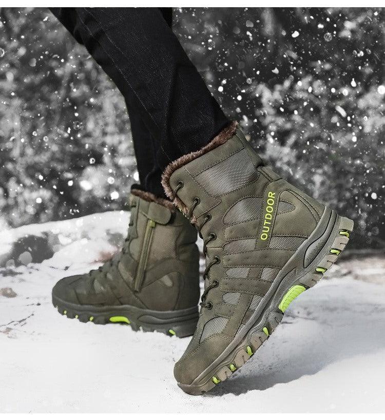 Stevvex mens outdoor hiking boots olive green with fur lining and lime outsole on Tampa Home & Garden Store