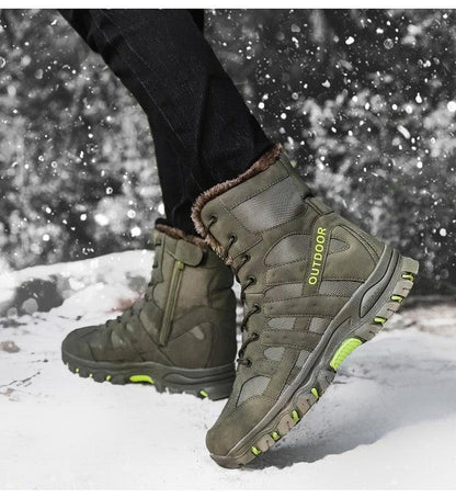 Stevvex mens outdoor hiking boots olive green with fur lining and lime outsole on Tampa Home & Garden Store