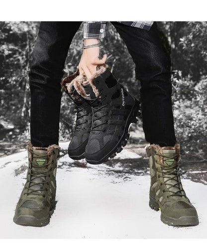 Mens outdoor hiking boots Stevvex black mid-cut with faux fur lining and rugged outsole on Tampa Home & Garden Store