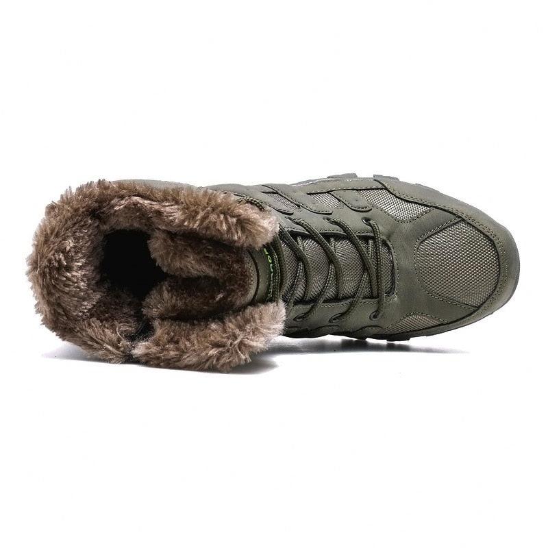 Mens outdoor hiking boots Stevvex mid cut olive green with brown fur lining on Tampa Home & Garden Store