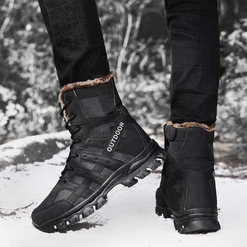 Men's black mid-cut outdoor hiking boots with fur lining, mesh panels and OUTDOOR on side on Tampa Home & Garden Store