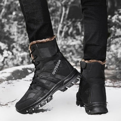 Men's black mid-cut outdoor hiking boots with fur lining, mesh panels and OUTDOOR on side on Tampa Home & Garden Store