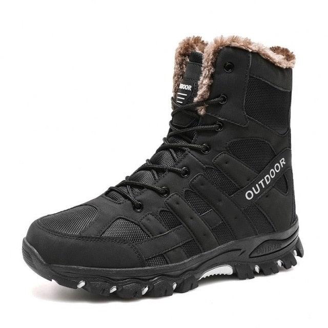 Stevvex men's black mid-cut hiking boots with faux fur lining and rugged outsole on Tampa Home & Garden Store