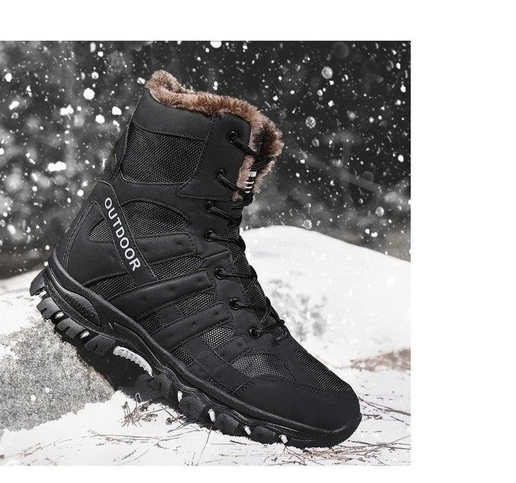 Mens outdoor hiking boot mid-cut black with fur lining and rugged lug outsole on Tampa Home & Garden Store