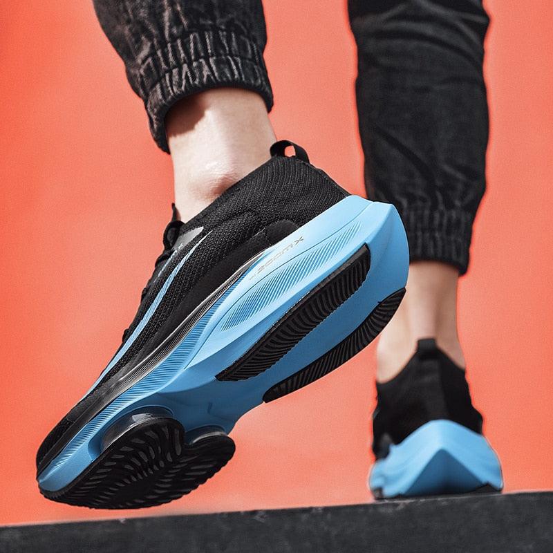 Mens Running Breathable Air Cushion Sneakers Stevvex black upper with blue outsole non-slip shoes on Tampa Home & Garden Store