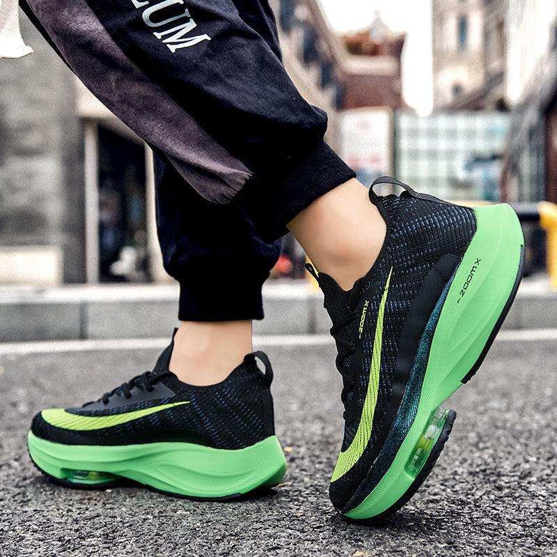 Stevvex men's air cushion sneakers with black knit upper and neon green non-slip sole on Tampa Home & Garden Store