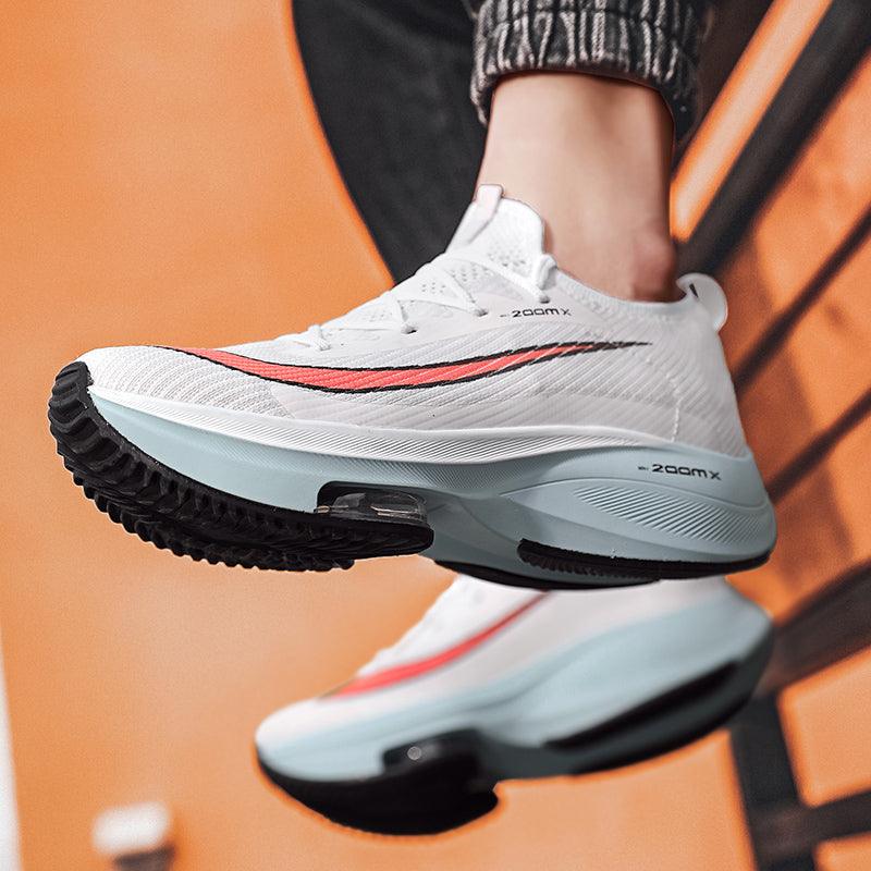 Stevvex men's running sneakers white breathable knit upper red accent light blue air-cushion sole on Tampa Home & Garden Store