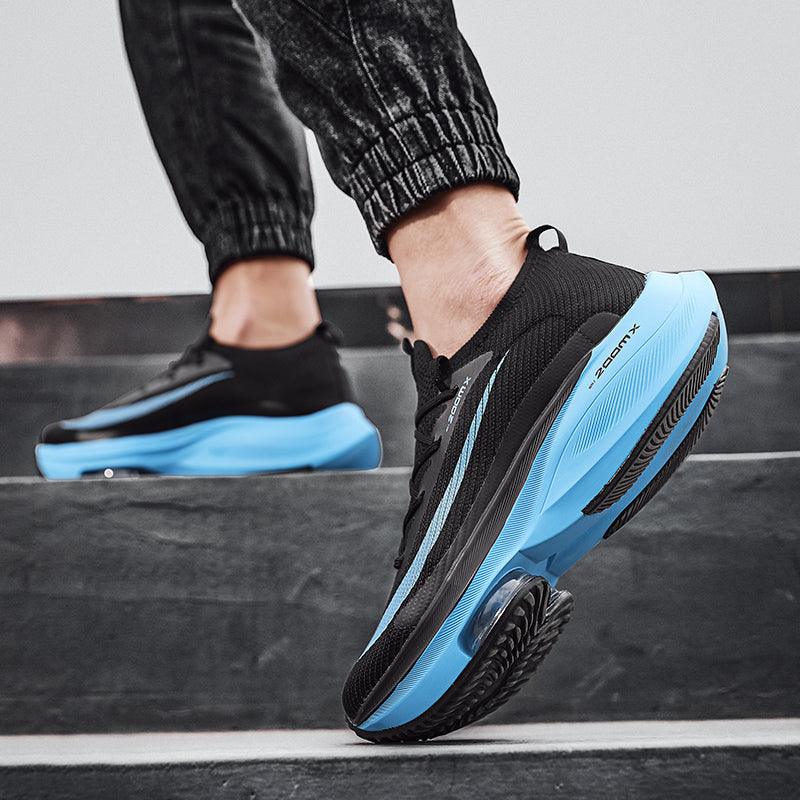 Mens running breathable air cushion sneakers Stevvex pair in black with blue sole for gym on Tampa Home & Garden Store