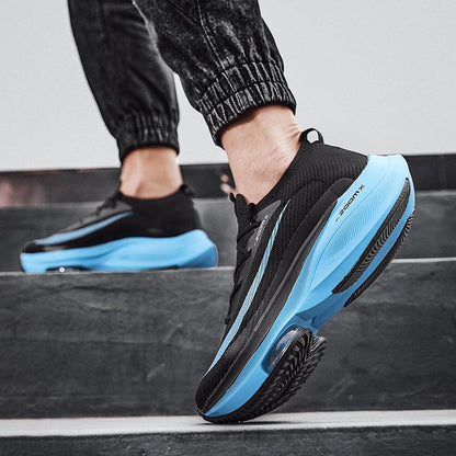 Mens running breathable air cushion sneakers Stevvex pair in black with blue sole for gym on Tampa Home & Garden Store