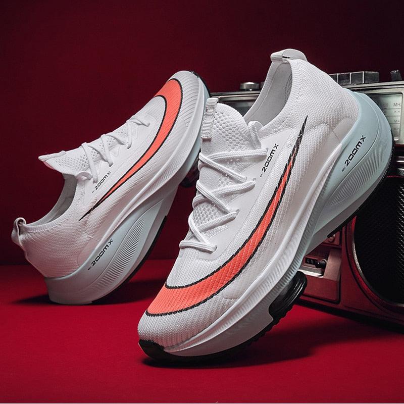 Stevvex men's running breathable air cushion sneakers white with orange stripe athletic shoes on Tampa Home & Garden Store