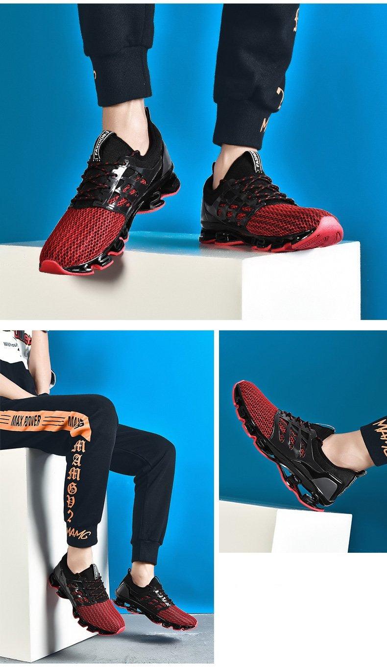 Stevvex mens running shoes pair with red knit mesh upper and black overlays, cushioned sole on Tampa Home & Garden Store