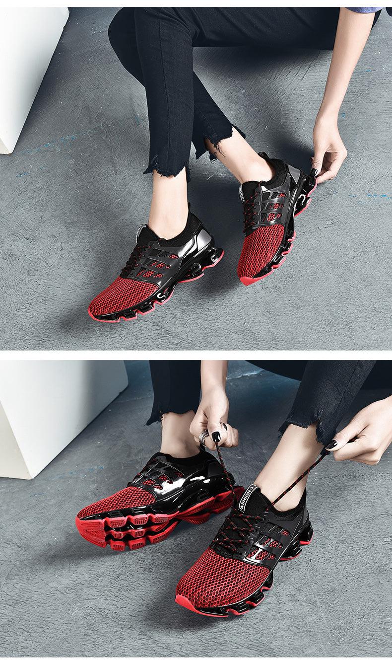 Stevvex men's athletic shoes pair red mesh upper and black glossy overlays, cushioned sole on Tampa Home & Garden Store