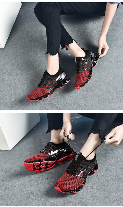 Stevvex men's athletic shoes pair red mesh upper and black glossy overlays, cushioned sole on Tampa Home & Garden Store