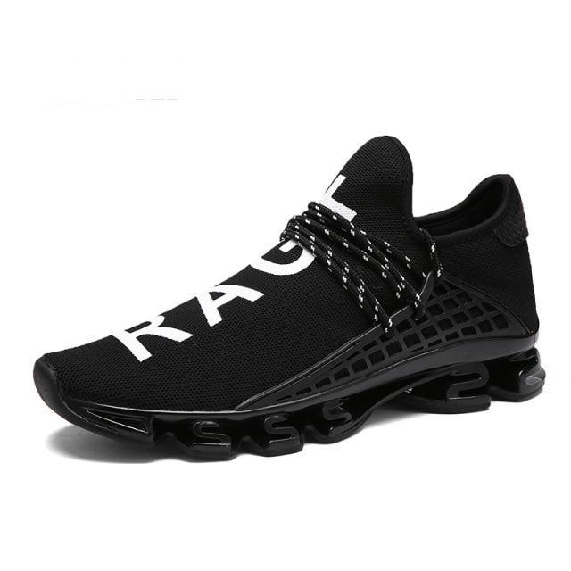 Stevvex men's running sneakers with black knit upper, white lettering and cushioned sole on Tampa Home & Garden Store