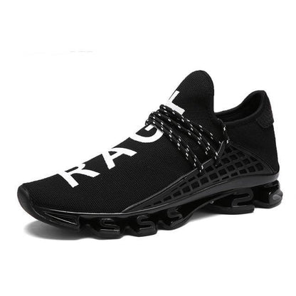 Stevvex men's running sneakers with black knit upper, white lettering and cushioned sole on Tampa Home & Garden Store