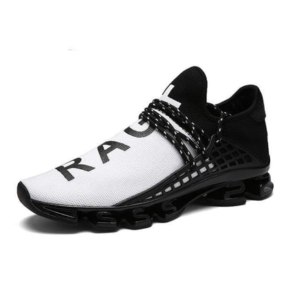 Stevvex mens running trainer, white knit upper, black lattice sole, striped laces athletic shoes on Tampa Home & Garden Store