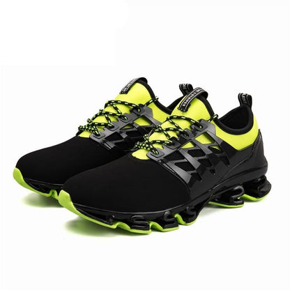 Stevvex athletic running sneakers, black with neon yellow accents, upper and cushioned outsole on Tampa Home & Garden Store