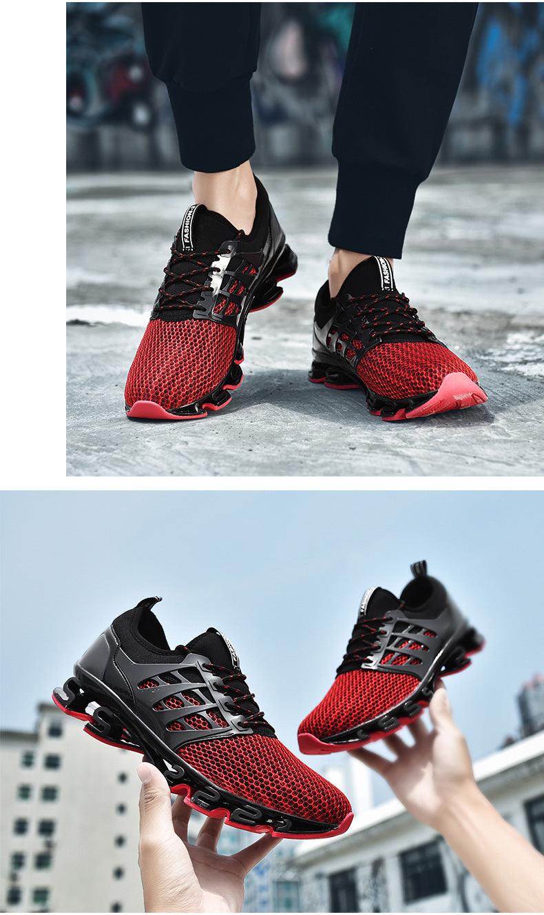 Stevvex men's running breathable fashion trainers with red mesh upper and black overlays pair on Tampa Home & Garden Store