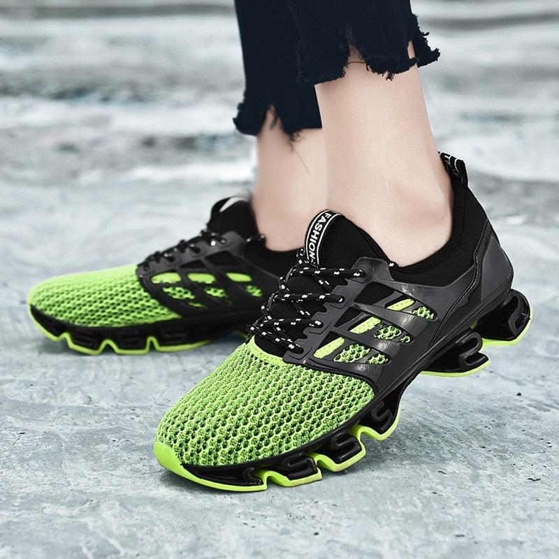 Stevvex men's running shoes with neon green breathable mesh upper and black cage overlays on Tampa Home & Garden Store