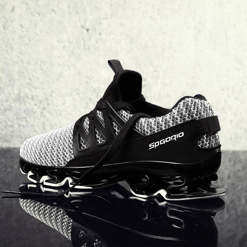 Mens running shoes with gray knit upper and black cage, Stevvex athletic sneakers on Tampa Home & Garden Store