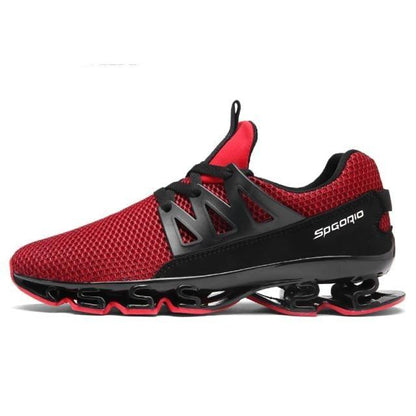 Stevvex men's running athletic shoes with red breathable mesh upper, black cage overlays, cushioned sole on Tampa Home & Garden Store