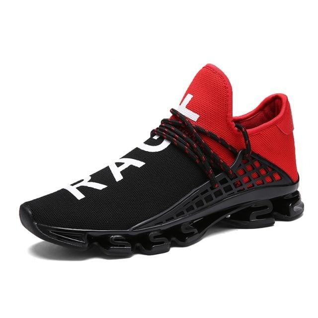 Mens running sneakers Stevvex breathable mesh upper black with red heel cushioning sole on Tampa Home & Garden Store