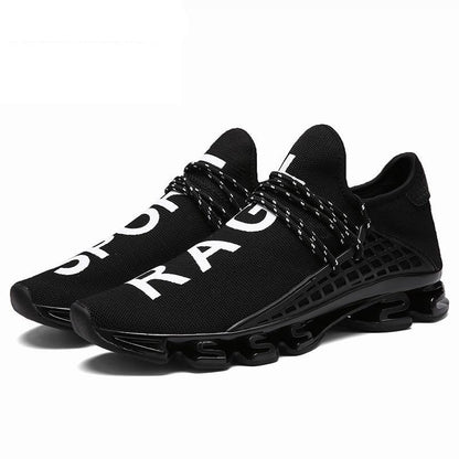 Stevvex men's running trainers black breathable mesh sneakers with white bold lettering pair on Tampa Home & Garden Store