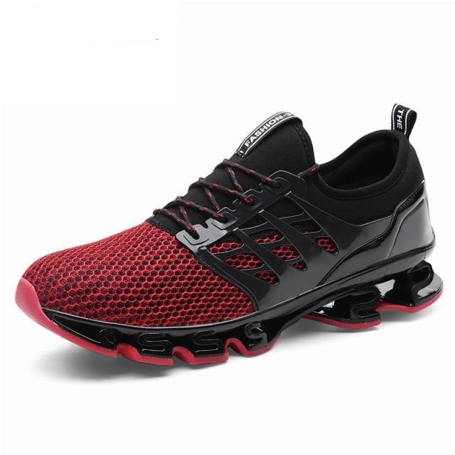 Stevvex men's running sneakers with red mesh upper and black overlays on Tampa Home & Garden Store