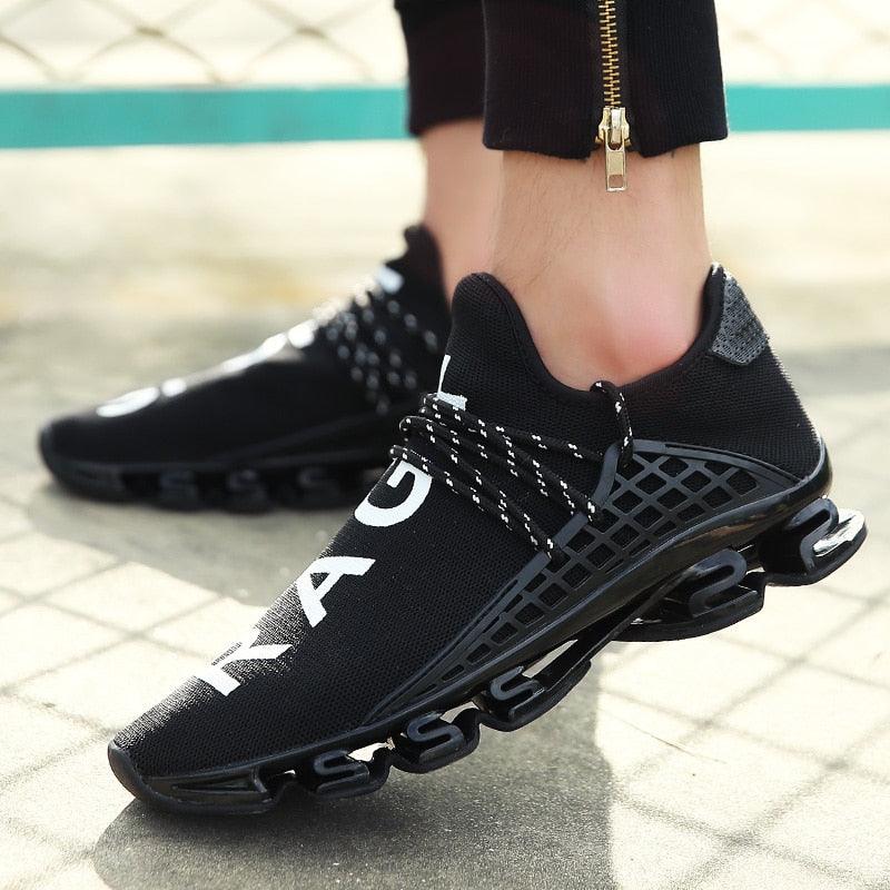 Stevvex men's running sneakers, black breathable knit upper with lattice sole, shoes pair on Tampa Home & Garden Store