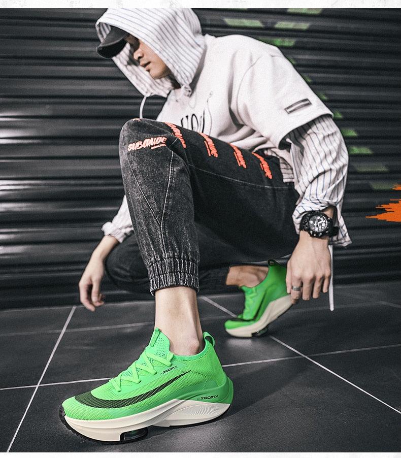 Stevvex mens running sneakers neon green with black side stripe air cushion pair on Tampa Home & Garden Store