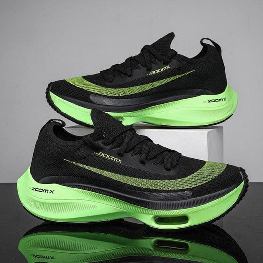 Mens running sneakers Stevvex black knit upper neon green sole air-cushioned lightweight on Tampa Home & Garden Store